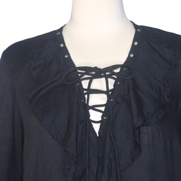 IRO Finley Lace up Front Poet Ruffle Boho Black Blouse 34 XS - Picture 2 of 10